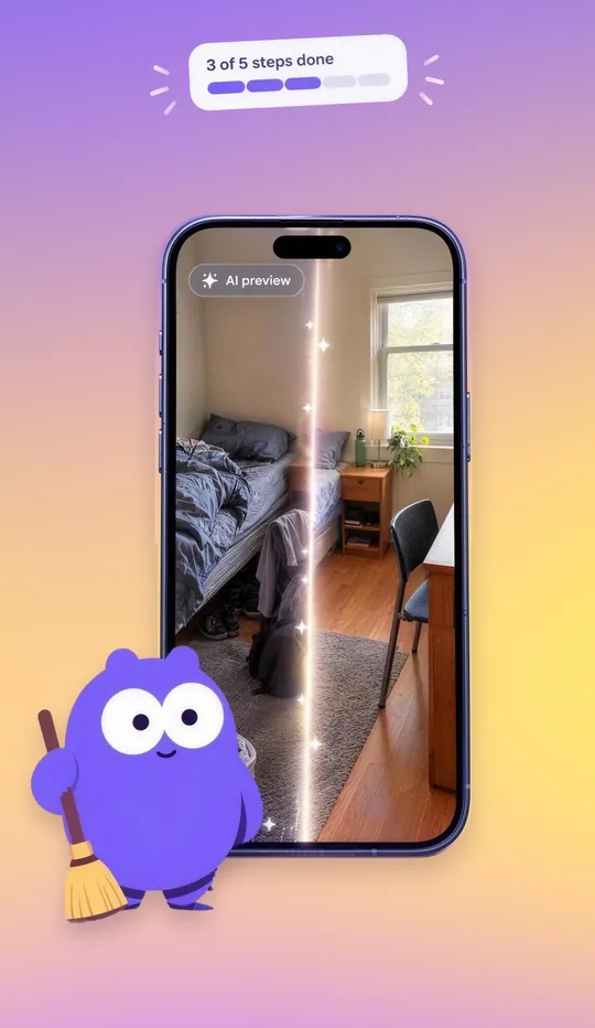 A bedroom photo split down the middle by a sparkling line: messy on the left, tidy AI preview on the right, with a 3 of 5 steps done progress bar and Mopkin holding a broom.