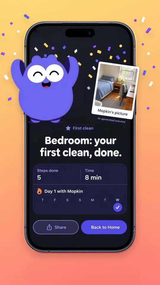 The Mopkin celebration screen: confetti, Mopkin cheering, an AI-generated picture of the tidy bedroom and the words Bedroom: your first clean, done, with 5 steps in 8 minutes.