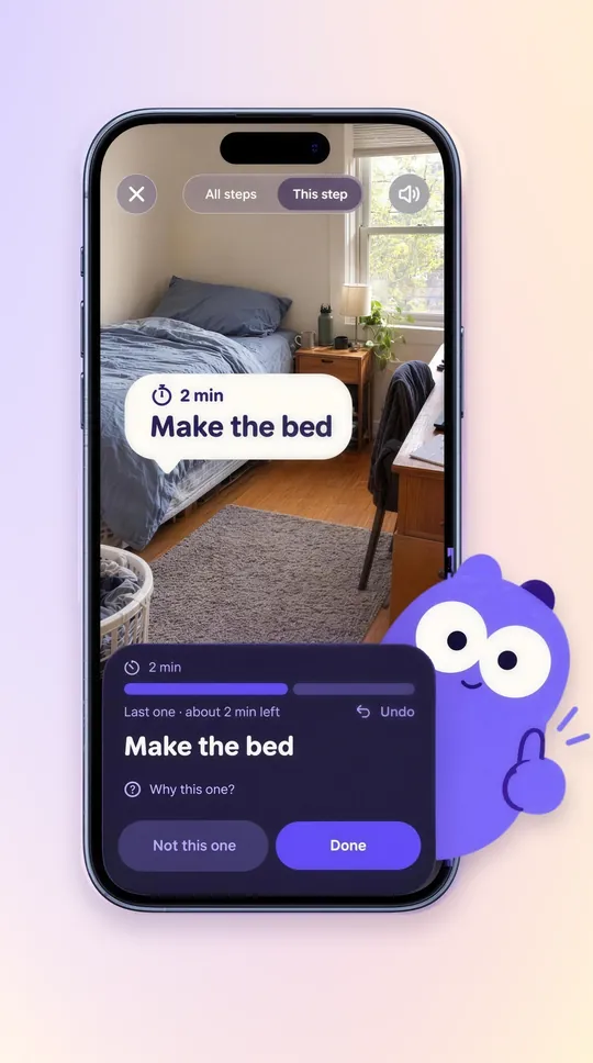 The Mopkin app showing the task “Make the bed, 2 min” as the last step, with a progress bar and Done and Not this one buttons, and Mopkin giving a thumbs up.