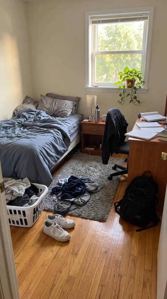A messy bedroom photographed in the Mopkin app: clothes and sneakers on the rug, a backpack on the floor and an unmade bed.